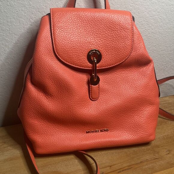 NWT Michael Kors RAVEN LEATHER BACKPACK Pink Grapefruit Peach Purse Spring - Picture 5 of 13